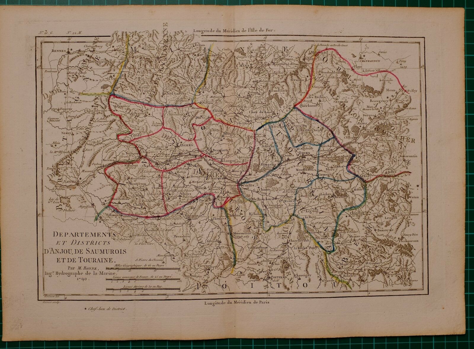1790 DATED RIGOBERT BONNE MAP ~ DEPARTMENTS AND DISTRICTS OF ANJOU DE SAUMUROIS