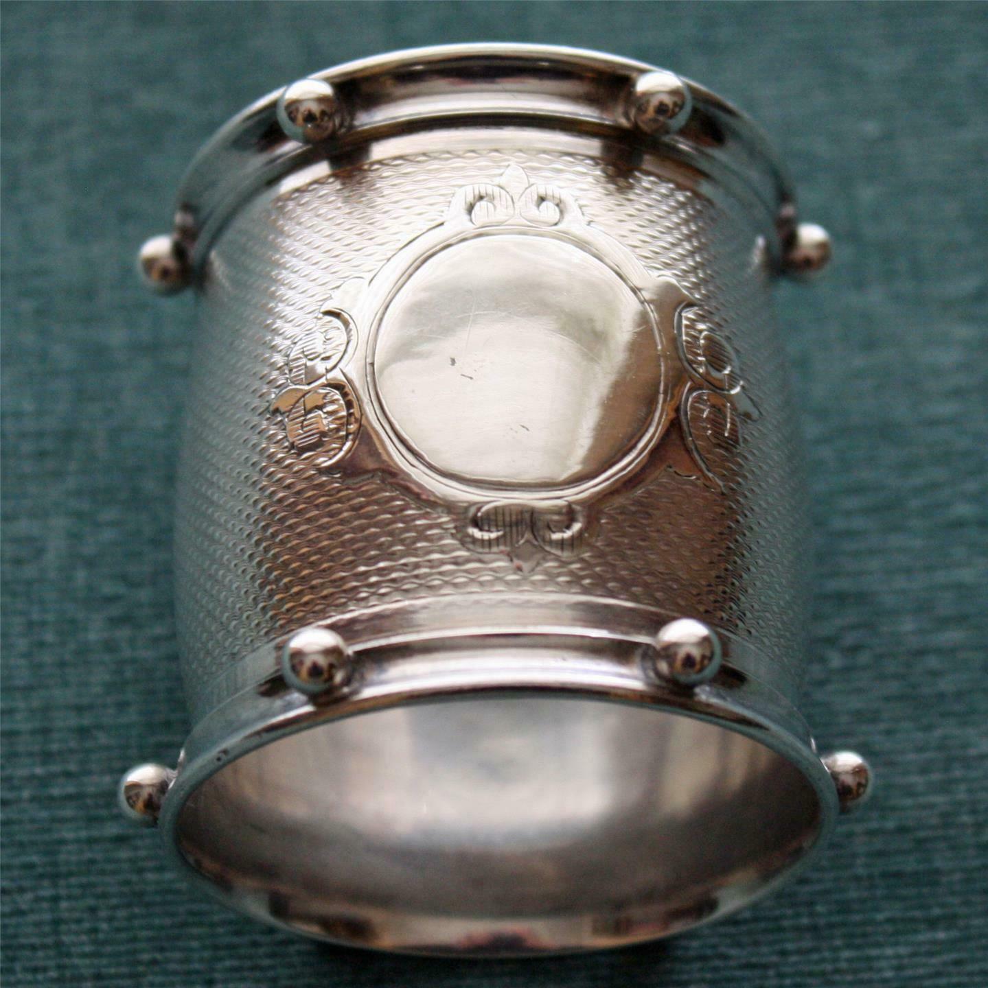 c.1855 Antique American Coin Silver Napkin Ring, Barrel Shaped, Applied Border