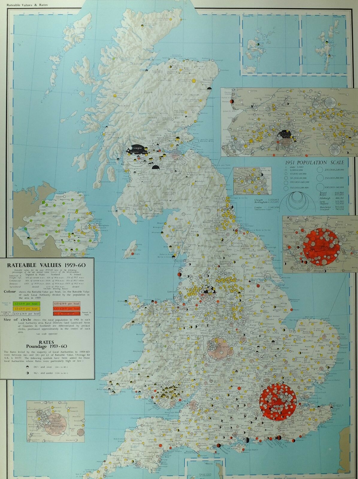 VINTAGE LARGE MAP of BRITAIN RATEABLE VALUES POUNDAGE LIVERPOOL LONDON SHEFFIELD