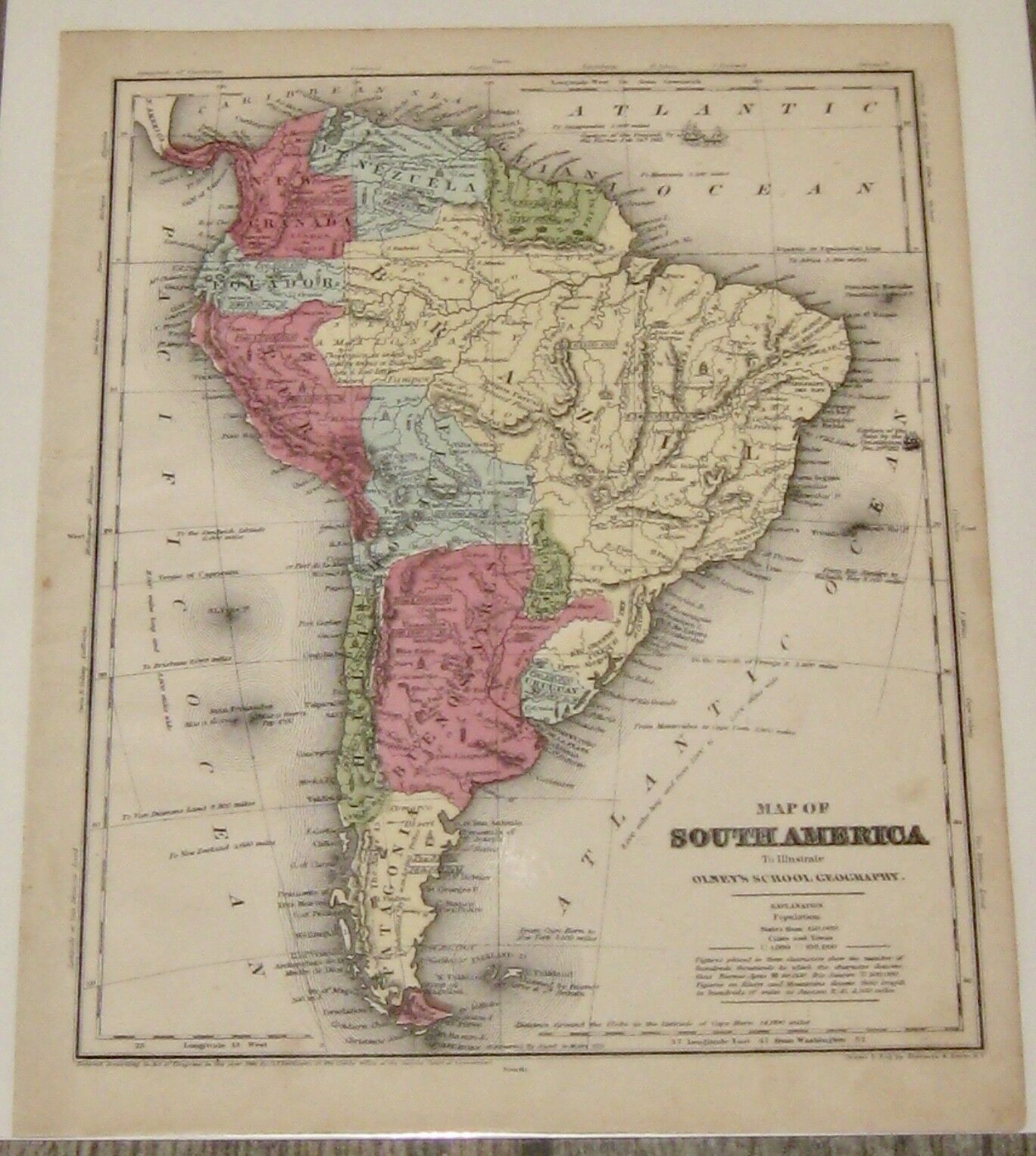 1844 SOUTH AMERICA ONLEYS SCHOOL GEOGRAPHY MAP BY D F ROBINSON