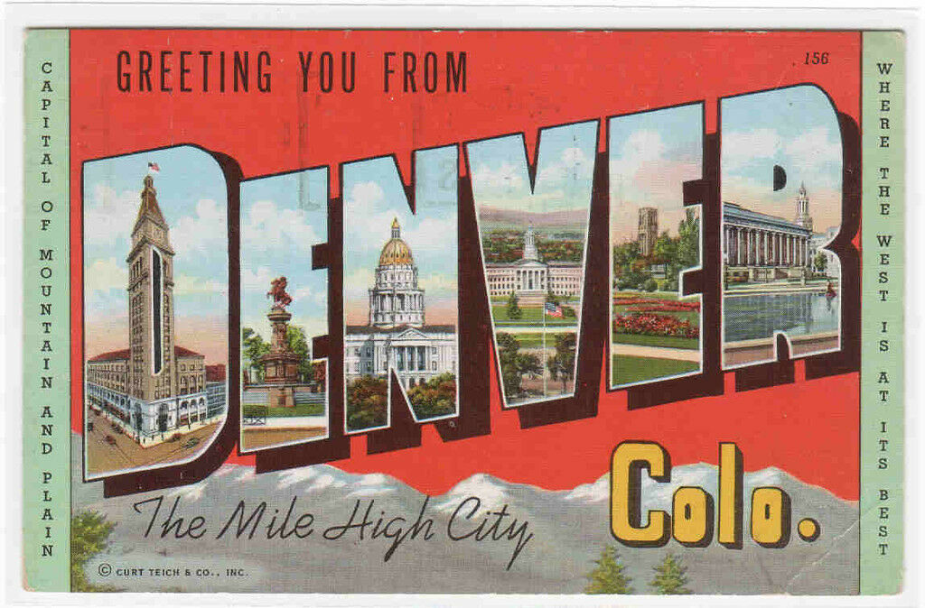 Greetings from Denver Colorado Large Letter linen postcard