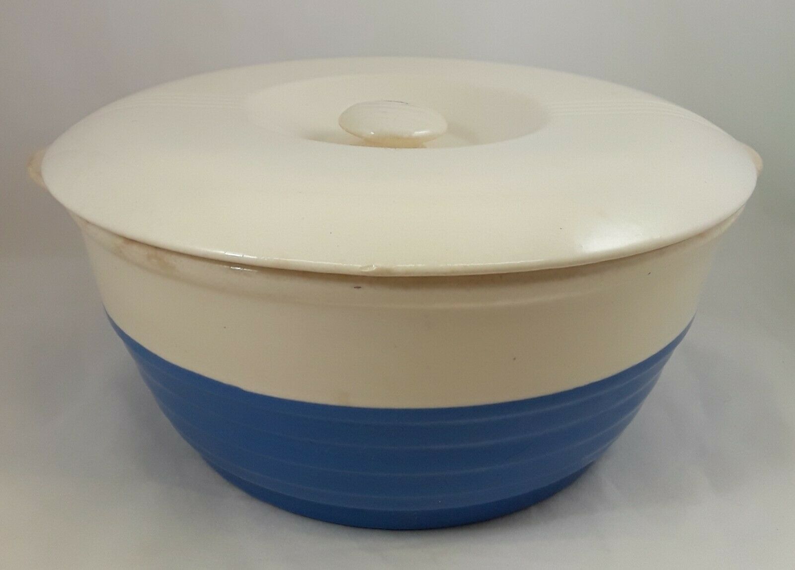 Vtg Universal Potteries Cambridge, Ohio, Usa Blue/white Refrigerator Bowl W/ Lid