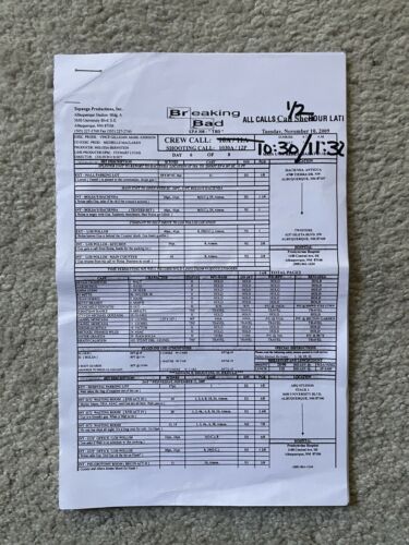 Original Breaking Bad Call Sheet And Script Sides EP 308 Found In Gus’ Wardrobe