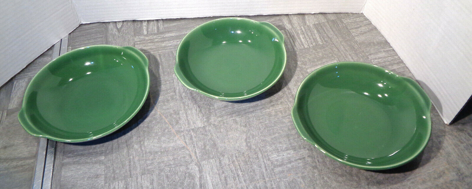 3 Universal Potteries Ballerina Pattern 7" Handled Forest Green Soup Bowls!
