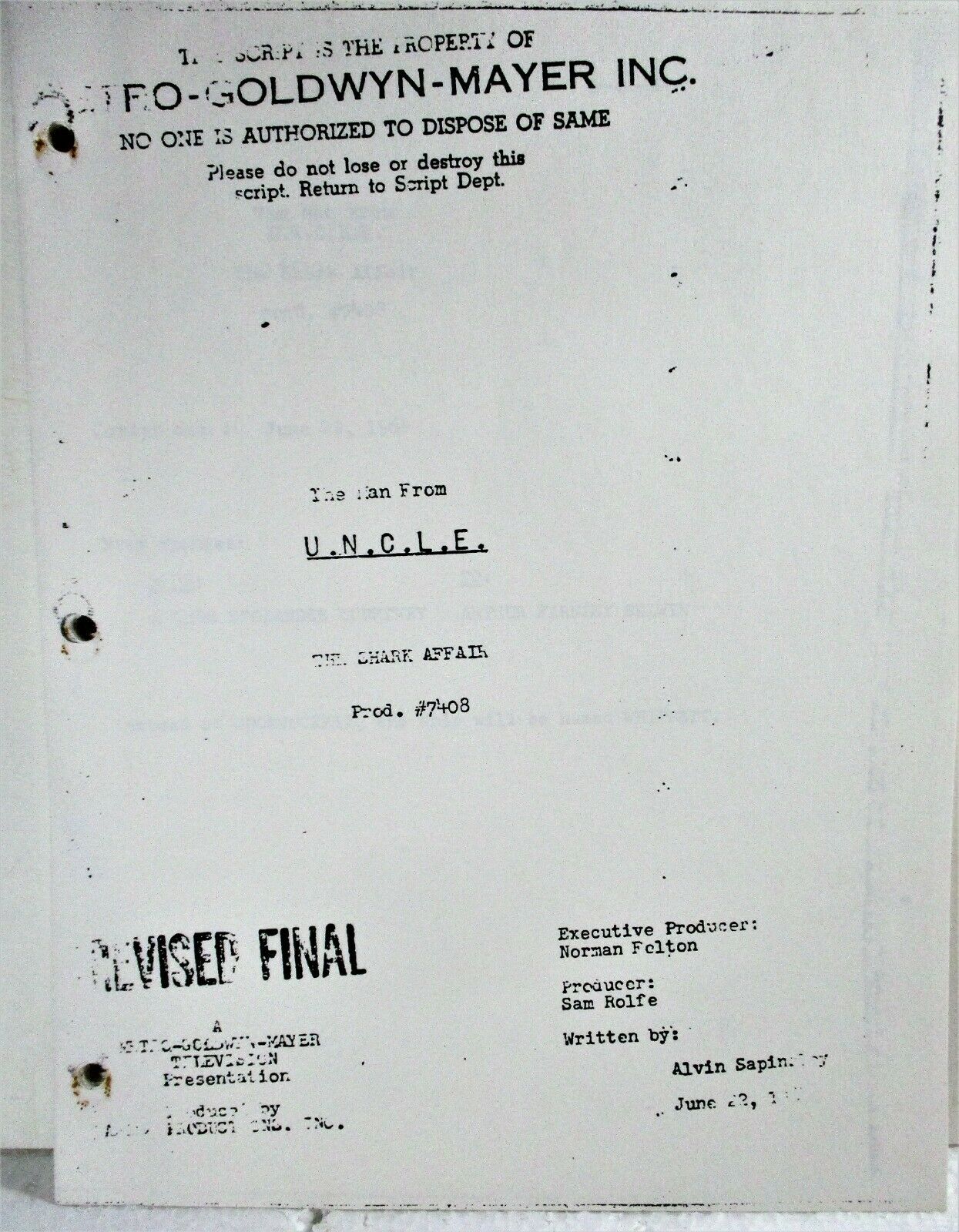 Man From U.n.c.l.e Script "the Shark Affair" June 22, 1964