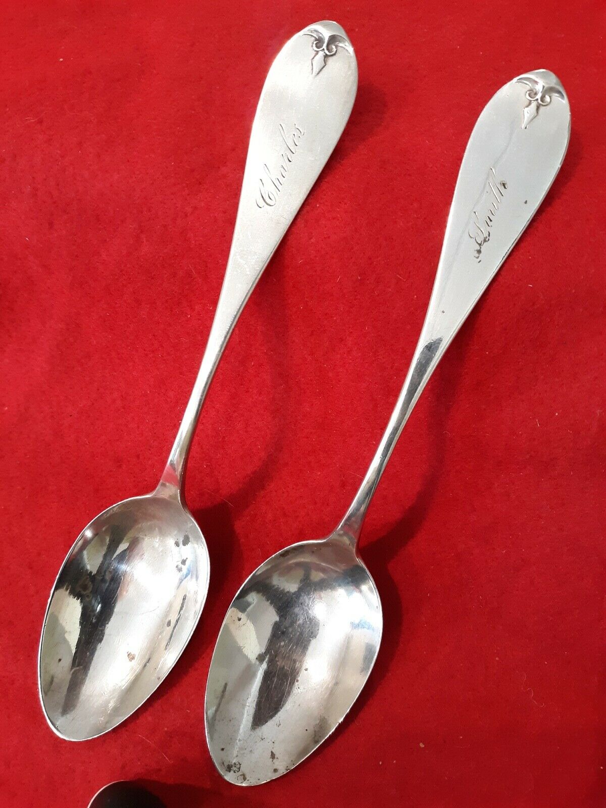 Pair Of Alvah Skinner 1830-1883 Coin Silver 7" Oval Soup Spoons - Monogrammed