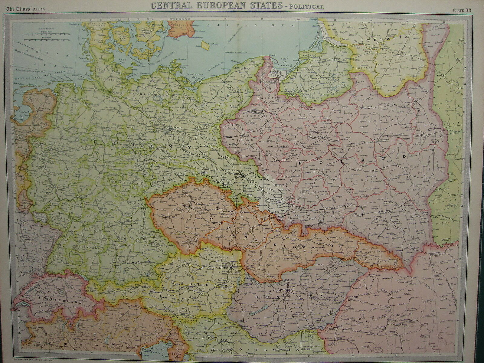 1920 LARGE MAP ~ CENTRAL EUROPEAN STATES POLAND CZECHO SLOVAKIA