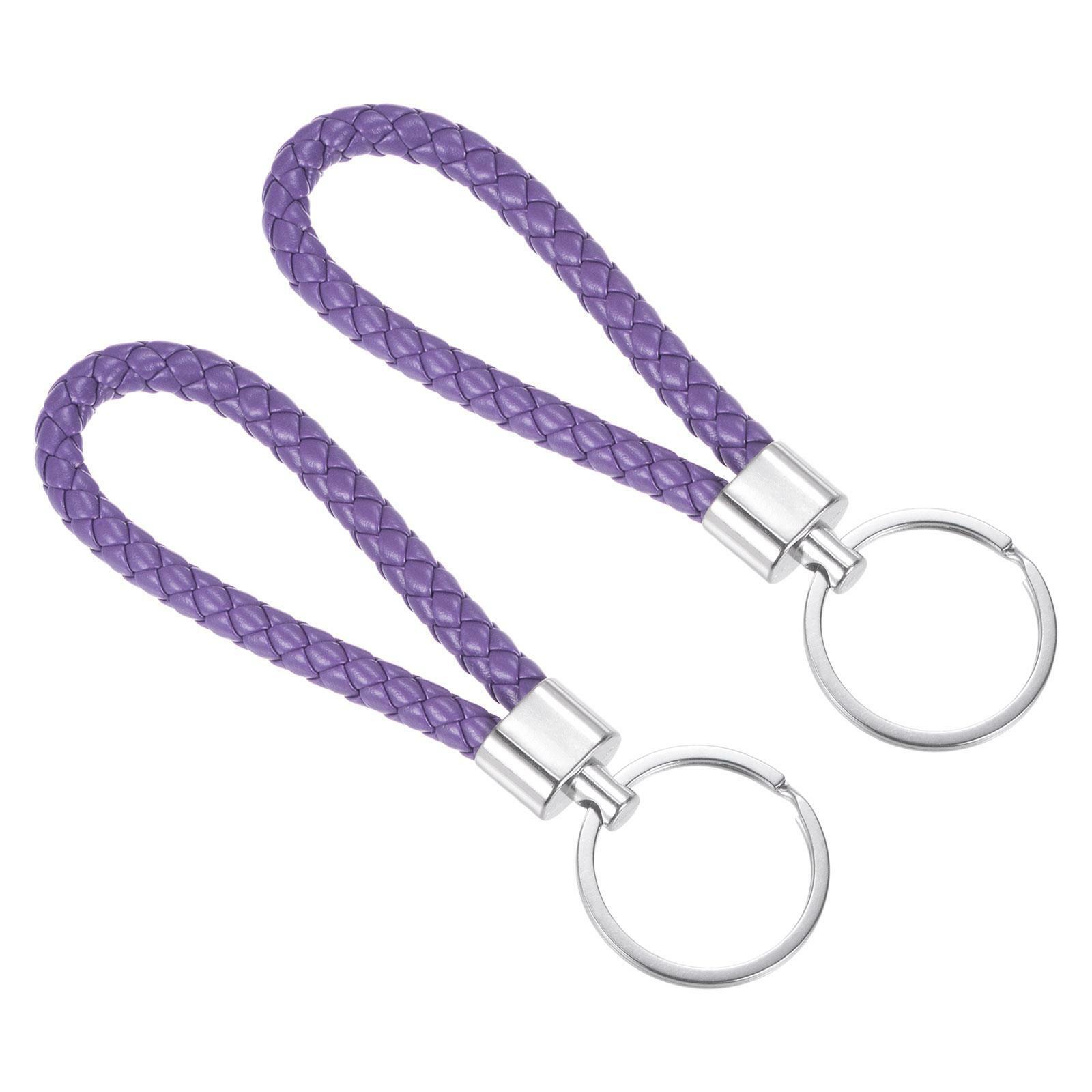 2 Pcs Braided Leather Keychain Pu Keyring Woven Ornament Lanyard Strap, Purple