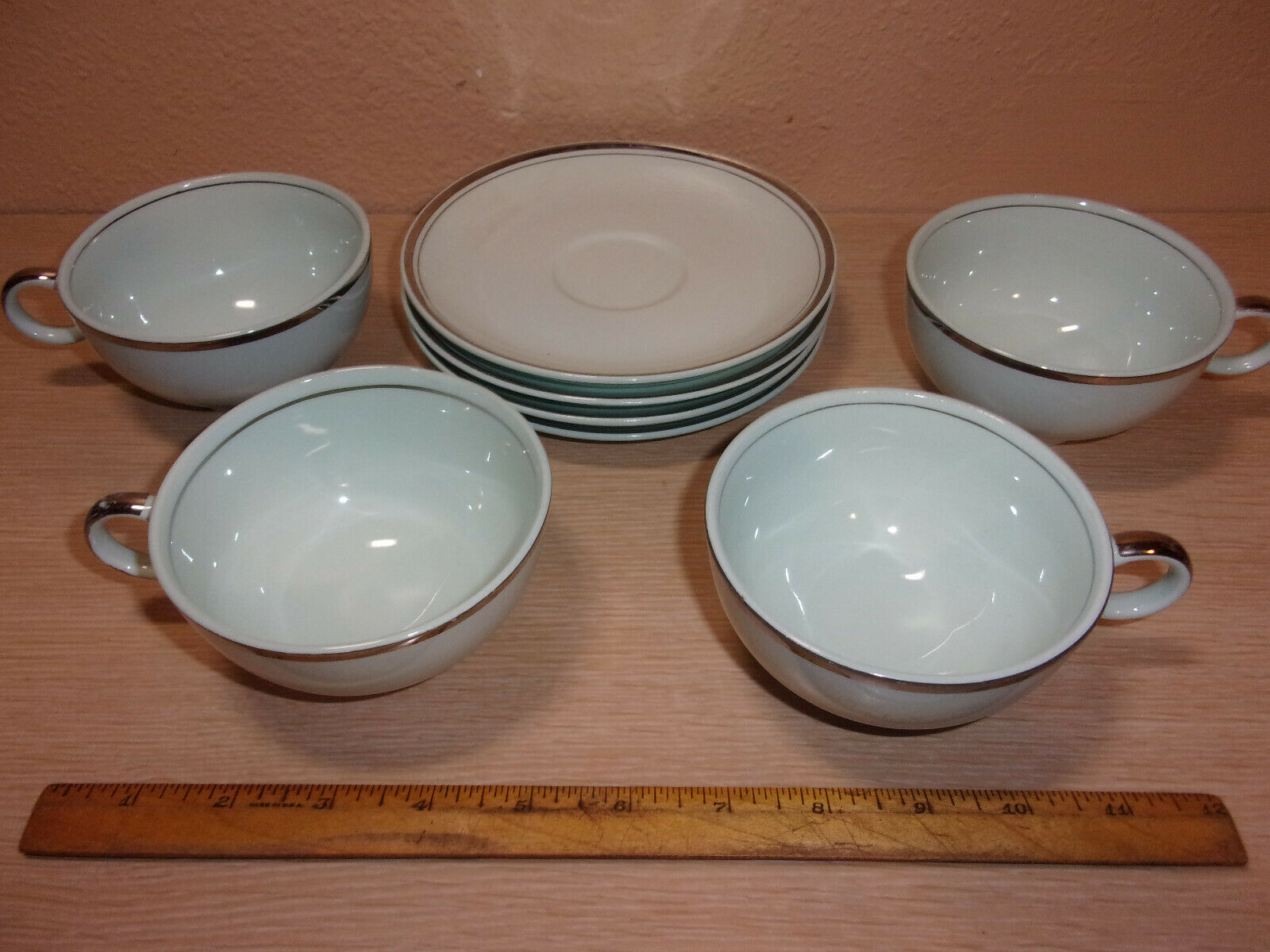 SET OF 4 UNIVERSAL 2 BALLARINA MIST GREEN WITH SILVER TRIM CUPS AND SAUCERS