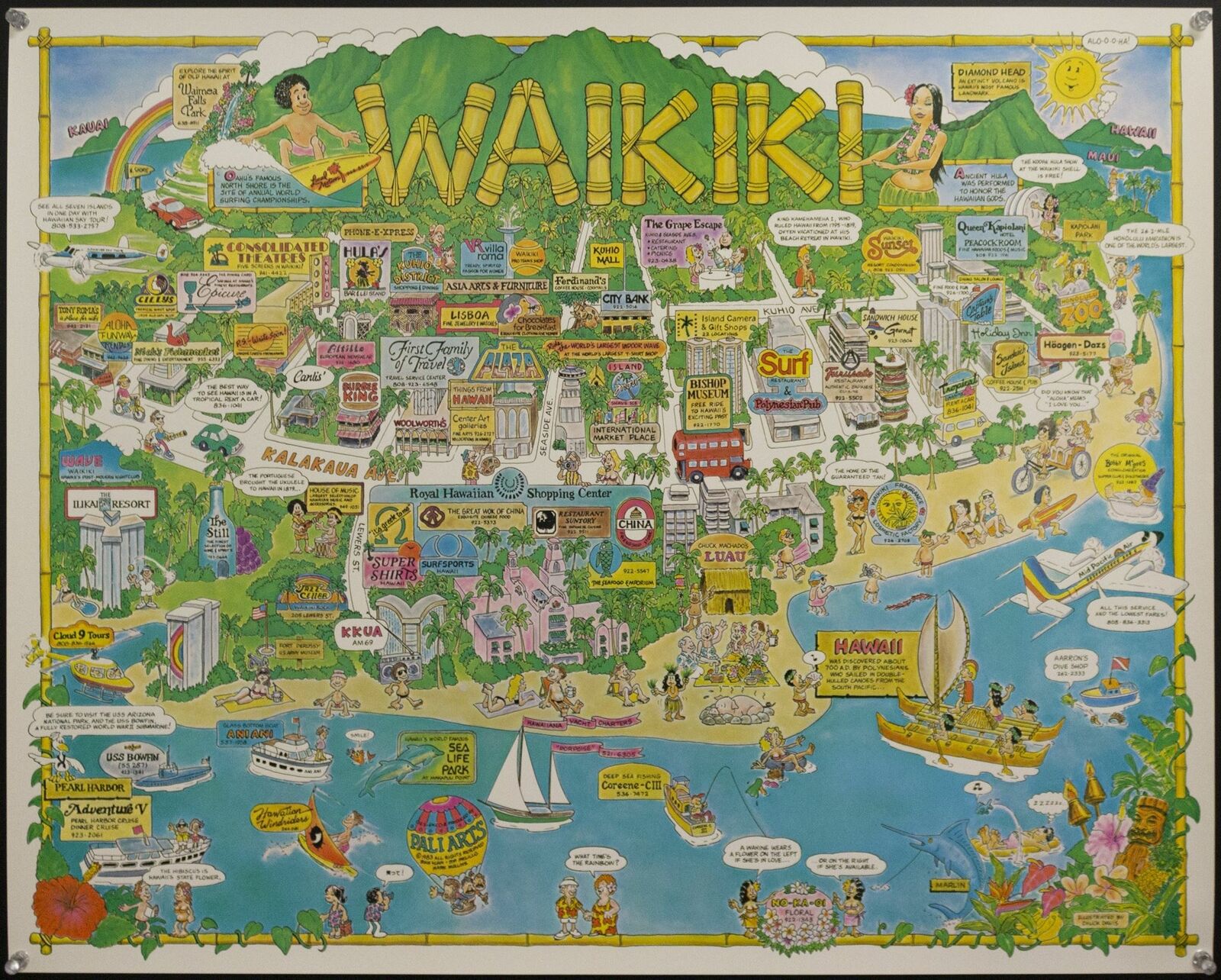 1983 Waikiki Honolulu Hawaii Pictorial Cartoon Map Poster by Chuck Davis Vintage