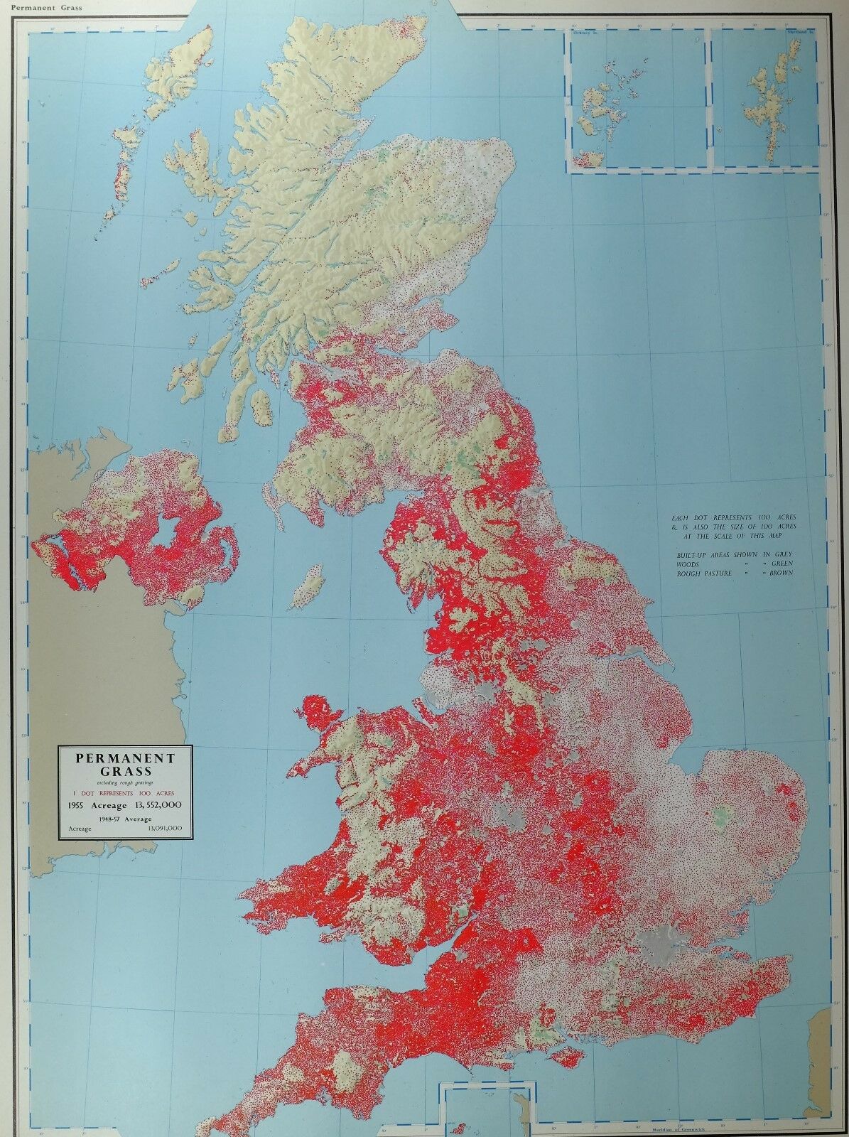 VINTAGE LARGE MAP of BRITAIN PERMANENT GRASS 1955 ACREAGE