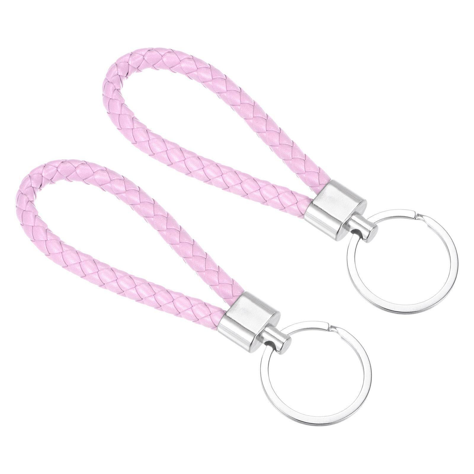 2pcs Braided Leather Keychain Pu Key Ring Woven Ornament Lanyard Strap, Pink