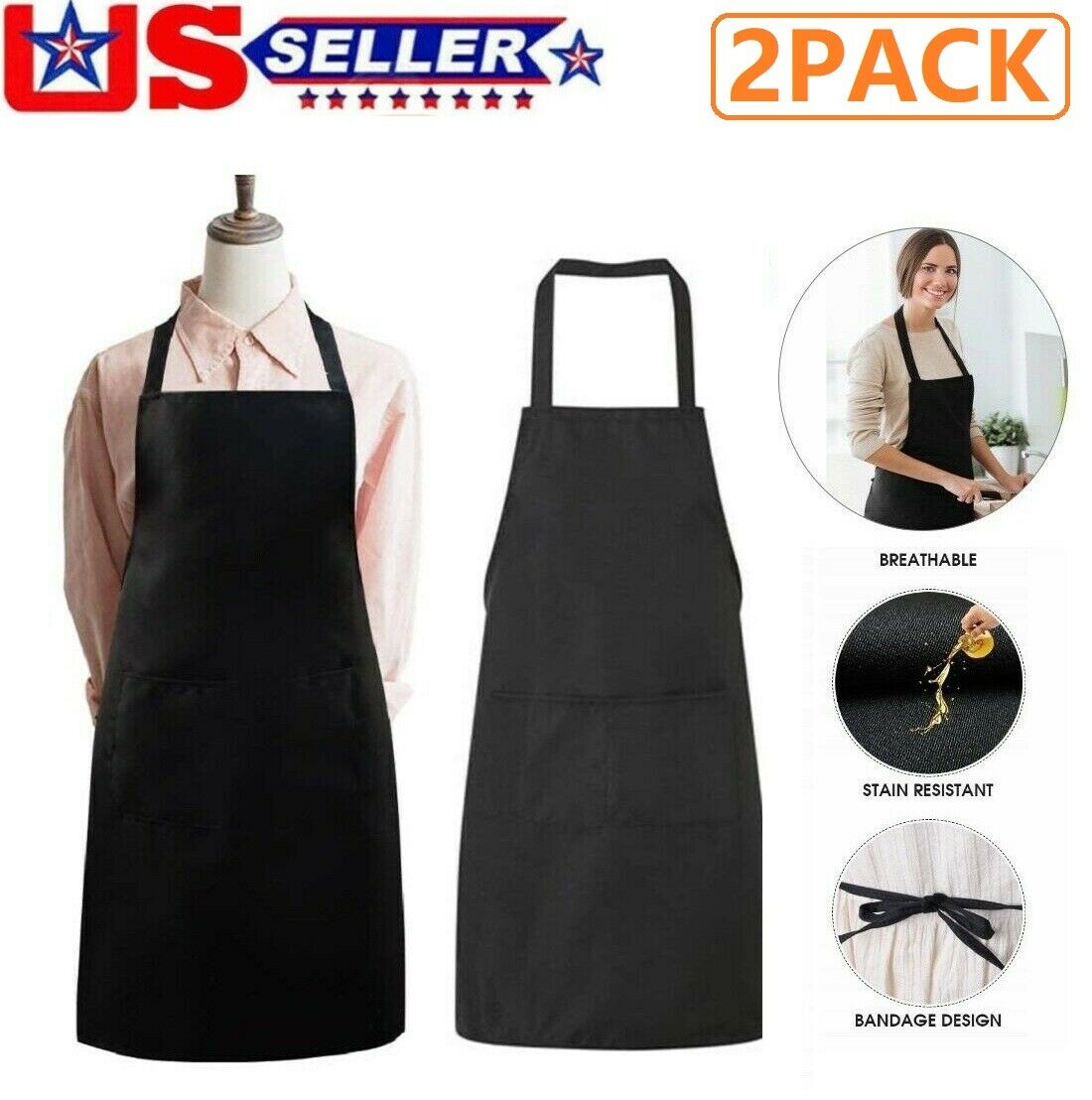 2 Pack Cooking Kitchen Aprons Work Apron With 2 Pockets for Men Women Black Chef